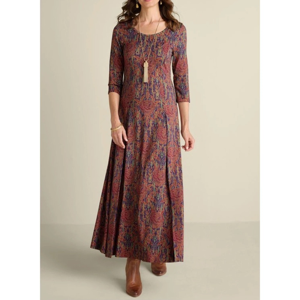 Soft Surroundings Floral Dress Womens Large Boho Midi 3/4 Sleeve Stretch Scoop